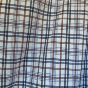 17” slim fit designer Eton shirt with long sleeves and blue, maroon and white.